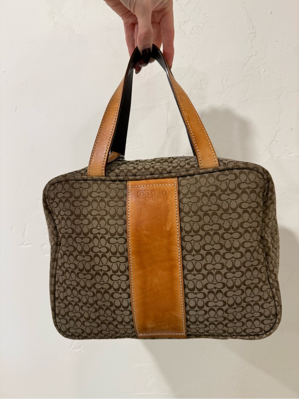 Coach Brown Signature Canvas Travel Pouch with Tan Leather Trim